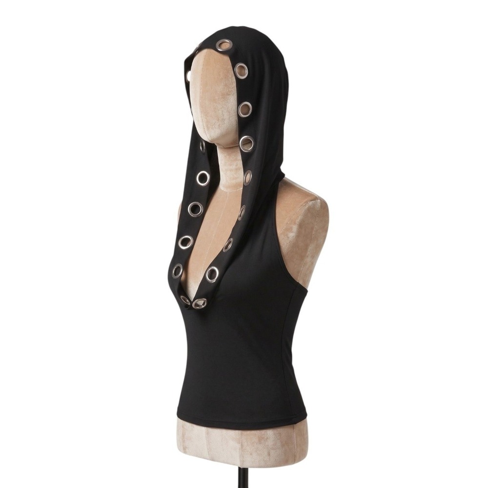 New Small Black Hooded Halter Top Silver Grommet Festival Punk Goth Tank